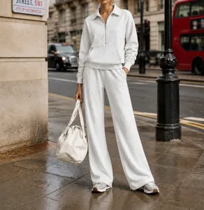 Casual half-zip sweatshirt and wide-leg sweatpants set, comfortable autumn fashion outfit.