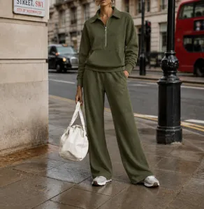 Green half-zip tracksuit set casual two piece loungewear for women autumn winter fashion.