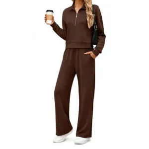 Casual brown half-zip long sleeve sweatshirt and wide leg pants two piece set for women.