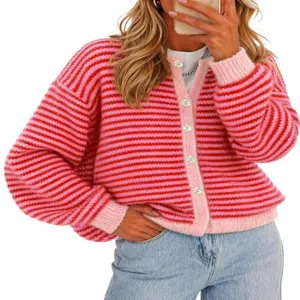 Pink and red striped button cardigan sweater, casual knitwear for women, autumn winter style.