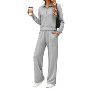 Grey long sleeve zip polo top wide leg pants casual tracksuit detail view comfortable wear.