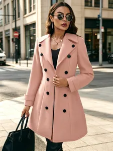 Damen Rosa Zweireihiger Wollmantel Herbst Winter Mode Revers Trenchcoat Oberbekleidung