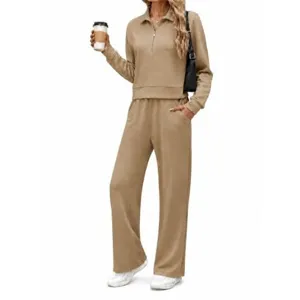 Casual two-piece lounge set featuring a quarter-zip polo collar long sleeve top and wide leg pants.