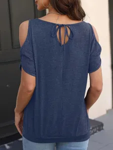 Casual cold shoulder short sleeve solid color top with back tie detail for women detail view.
