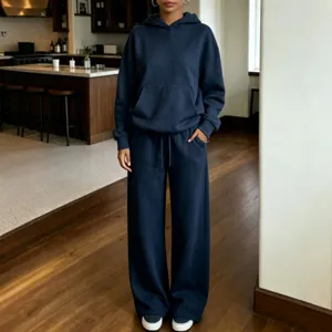Donna Casual Tinta Unita Con Cappuccio Manica Lunga Felpa E Pantaloni Gamba Larga Tuta Poliestere Set Due Pezzi