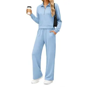 Casual lapel half-zip long sleeve top wide leg pants two piece tracksuit for women.