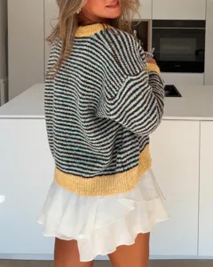 Casual striped knit sweater for women, comfortable long sleeve pullover for autumn winter.