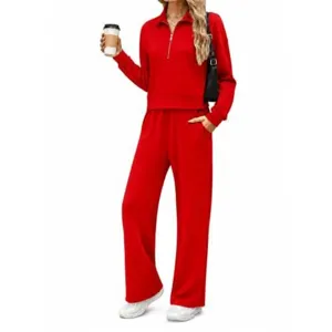 Detailed view of the stylish red half-zip long sleeve tracksuit set, comfortable fit.