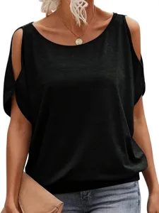 Stylish women's solid color cold shoulder casual top short sleeve elegant black blouse
