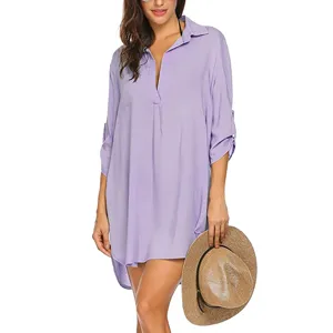 Women's Summer Deep V-Neck Beach Cover Up Solid Color Long Sleeve Casual Loose Shirt Dress