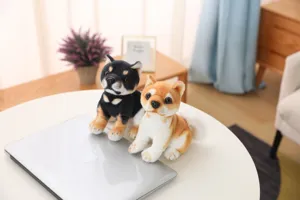 Cute simulation Shiba Inu plush toy detail, soft stuffed Akita dog doll in cozy room.