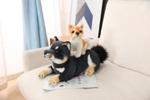 Detailed view of cute simulation Shiba Inu plush toy, soft stuffed Akita dog doll for kids.