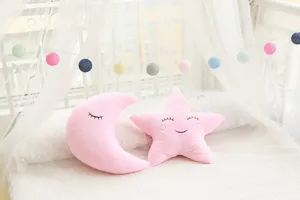 Pink moon and star plush throw pillows for kids room sofa decoration and cozy bedroom bed decor.