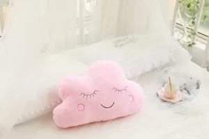 Cute pink cloud plush pillow, soft stuffed smiling cloud cushion for kids room sofa decor.