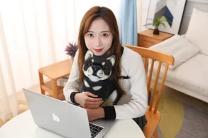 Detailed view of the cute simulation Shiba Inu plush toy held by a model, soft and realistic.