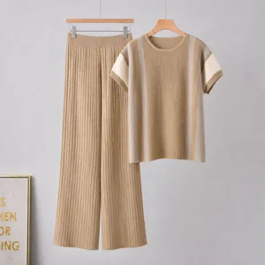 Knitted two-piece set featuring short sleeve top and striped wide-leg pants for casual wear.