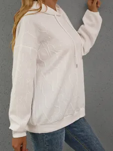 Lässiger weißer Damen Hoodie mit 3D Buchstaben Prägung, lockerer Langarm Sweatshirt.