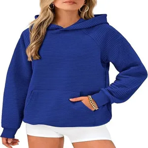 Femme sweat à capuche côtelé bleu manches longues pull streetwear haut décontracté