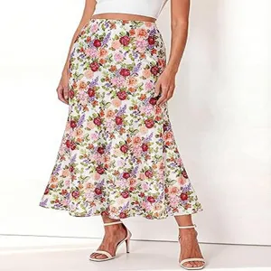 Bloemenprint dames rok met hoge taille, A-lijn midi rok, elegante satijnen lange rok.
