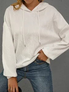 Weißer Kapuzenpullover für Damen mit 3D-Buchstabenprägung, lässiges lockeres Oberteil.