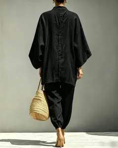 Casual loose batwing sleeve top and trousers suit for women, stylish spring summer outfit.
