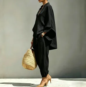 Black loose batwing sleeve V-neck two-piece casual suit stylish women summer outfit