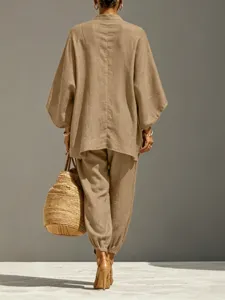 Casual linen style batwing sleeve top and cuffed trousers set detail view for women.