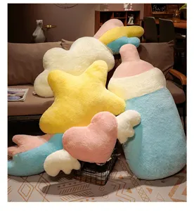 Cute cartoon plush pillow set including cloud star rainbow and baby bottle for cozy sofa decor.