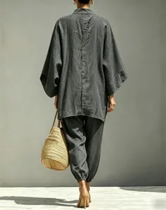 Detailed back view of casual loose two piece outfit in dark gray cotton linen fabric.
