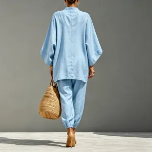Women casual light blue two-piece set batwing sleeve top and elastic cuffs pants fashion summer outfit.