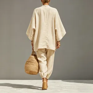 Back view of casual linen-blend batwing top and cuffed pants set for women spring summer.