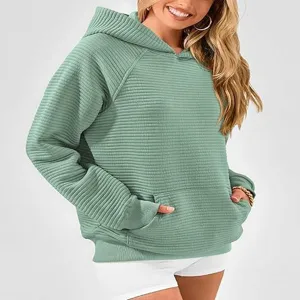 Sweat à capuche côtelé vert pour femmes, sweat-shirt décontracté à manches longues.