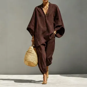 Women linen two piece set batwing sleeve v neck loose casual outfit summer chic clothing