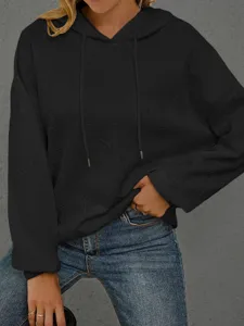 Schwarzer Damen Kapuzenpullover mit gepraegtem Buchstaben Muster Langarm Casual Oberteil Neu.
