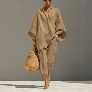 Women linen two-piece set V-neck batwing sleeve top and trousers casual summer outfit main view