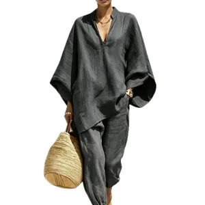 Casual loose batwing sleeve V-neck top and pants two-piece set for women daily wear.