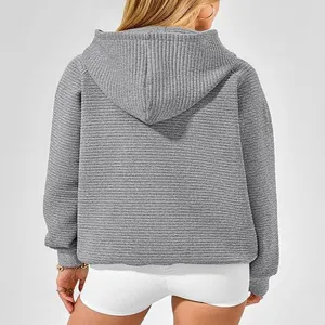 Femme gris tricot côtelé sweat à capuche décontracté manches longues haut mode automne