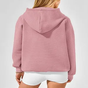 Femme mode sweat a capuche côtelé couleur unie manches longues vue arrière mode casual