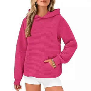 Sweat à capuche rose côtelé manches longues femme pull ample décontracté vue principale