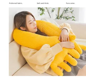 Creative hand shaped plush pillow soft corduroy yellow long bolster for relaxing lazy sleep