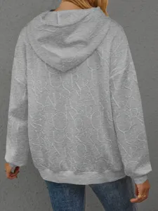 Damen lässiger grauer Hoodie mit 3D geprägten Buchstaben langarm Streetwear Oberteil.