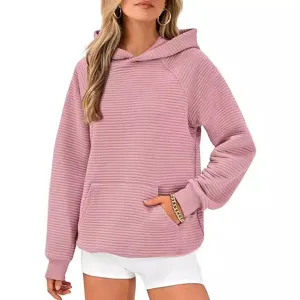 Sweat à capuche décontracté côtelé à manches longues avec poche rose, haut tendance.