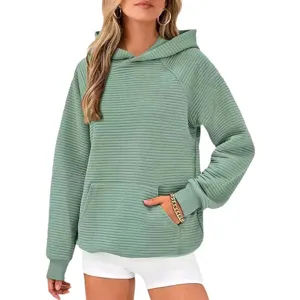 Sweat à capuche décontracté côtelé à manches longues pour femme avec poche, style.