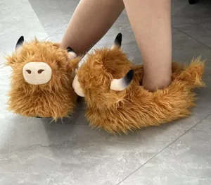 Pantofole invernali peluche mucca delle Highland donna, scarpe calde casa con suola spessa.