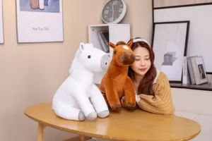 Cute cartoon couple sitting horse plush toy soft white brown pony doll girl gift pillow.