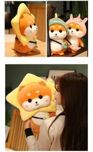 Cute transforming Shiba Inu plush toy with cute star dinosaur unicorn hat, soft down cotton fill.