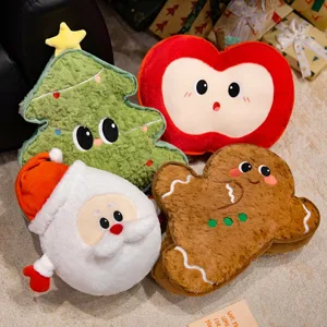 Süßes Weihnachts-Plüschkissen-Set mit Weihnachtsmann, Lebkuchenmann, Apfel und Tannenbaum.
