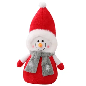 Cute Christmas snowman plush toy with red hat and scarf, soft stuffed doll for holiday gift.