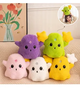 Detailed shot of colorful plush ghost toys with stars, soft plush texture and cute design.