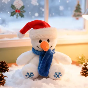 Adorable bonhomme de neige en peluche de Noël avec bonnet rouge et écharpe bleue, détail.